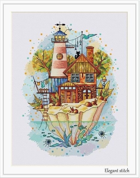 Floating Islands. Fish Lighthouse Cross Stitch Pattern фото 1