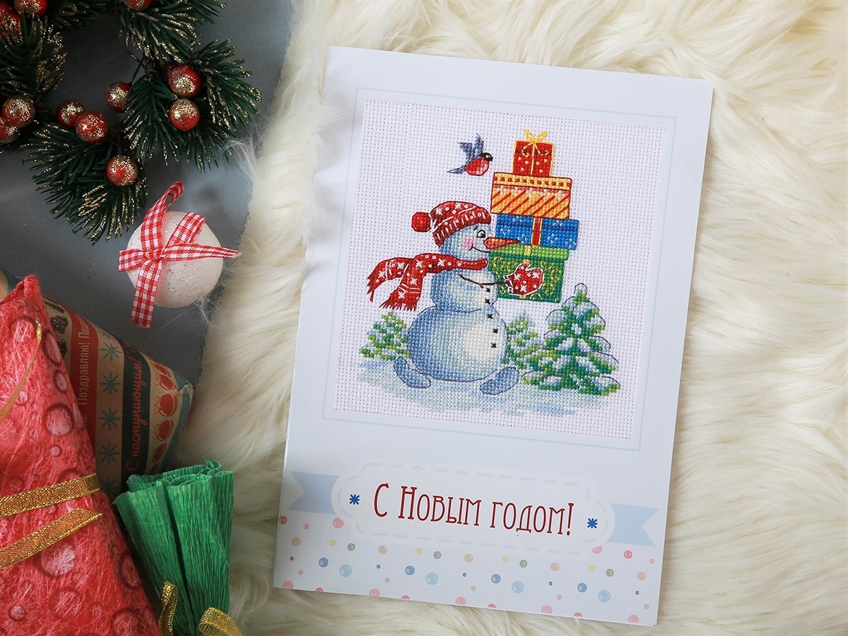 Postcard. Happy Snowman with Gifts Cross Stitch Kit фото 4
