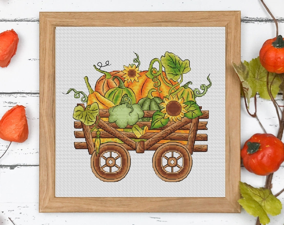 Pumpkin Wagon Cross Stitch Pattern фото 1