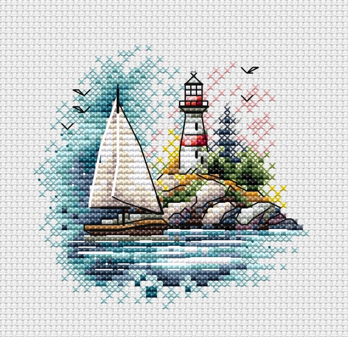 Lighthouse and Sailboat Cross Stitch Pattern фото 1