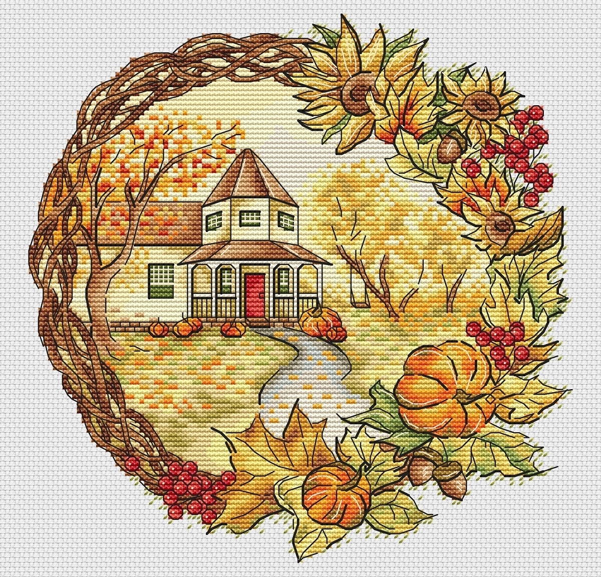 Golden Autumn Wreath Cross Stitch Pattern фото 1