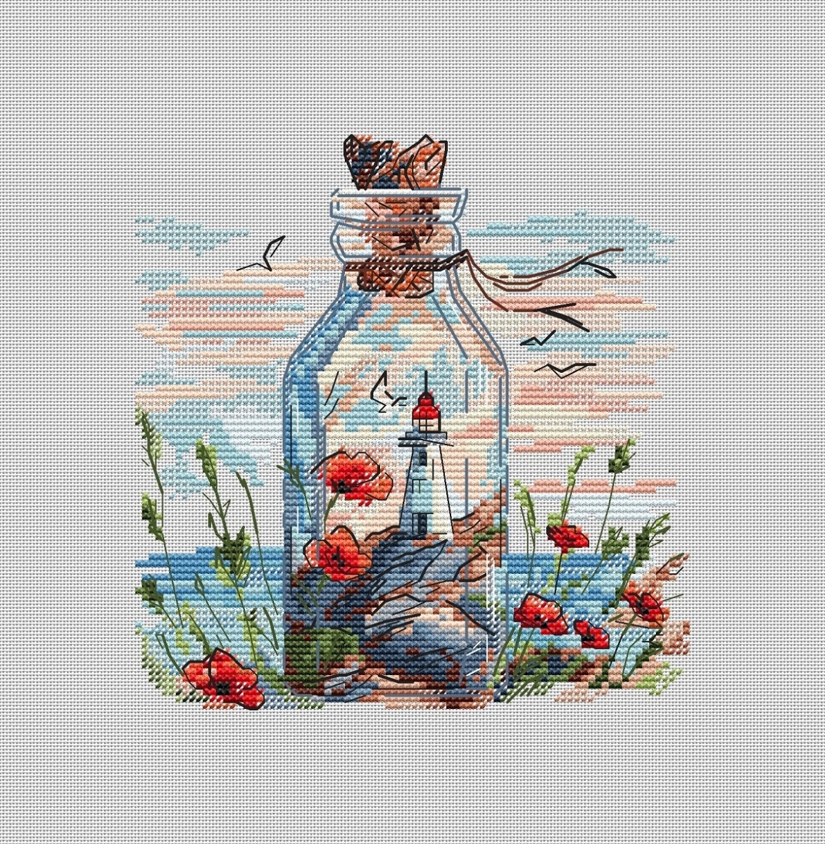 Lighthouses in Bottles. Poppies Cross Stitch Pattern фото 1