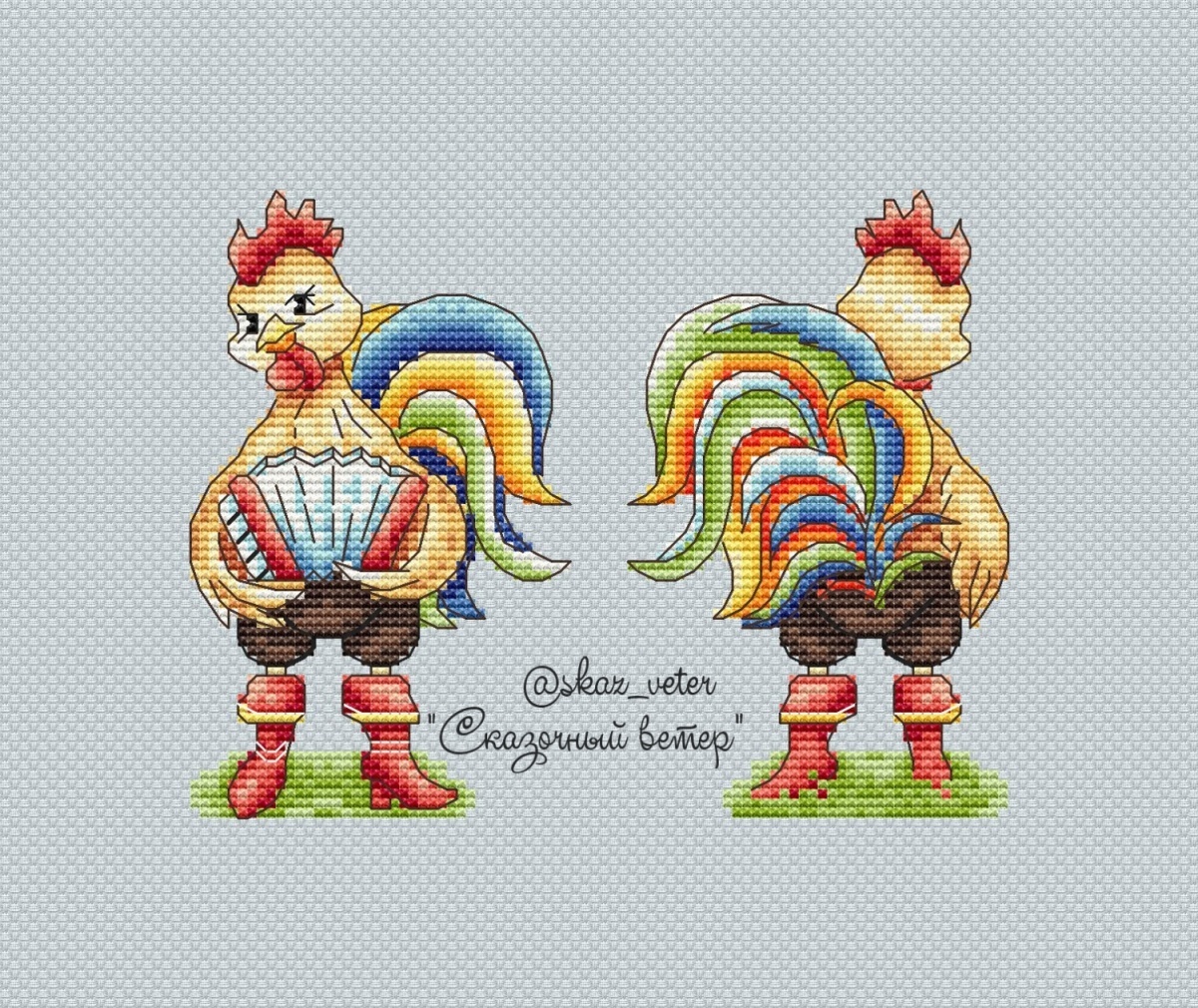 Rooster with Accordion Cross Stitch Pattern фото 1