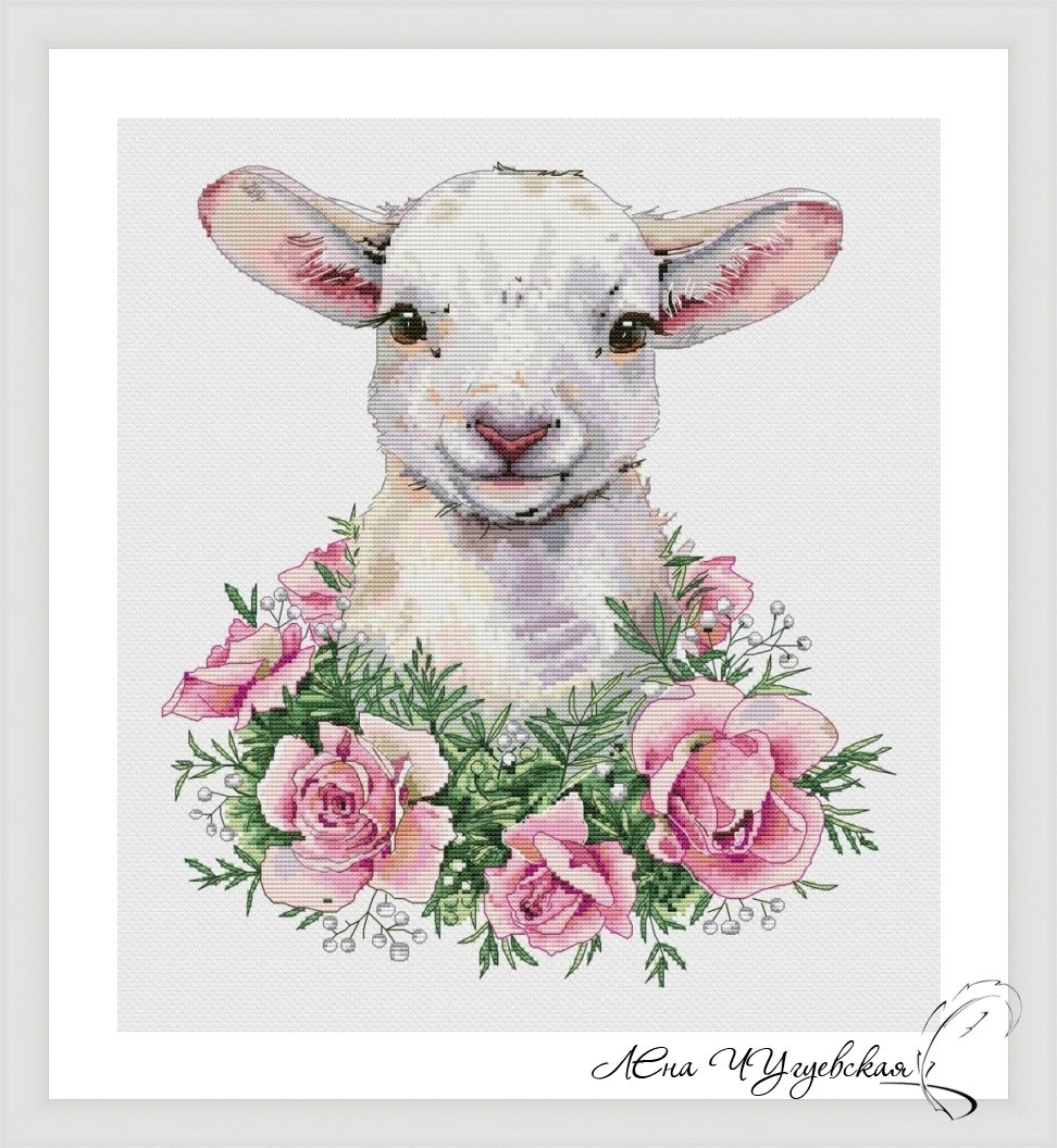 Lamb in Roses Cross Stitch Pattern фото 1
