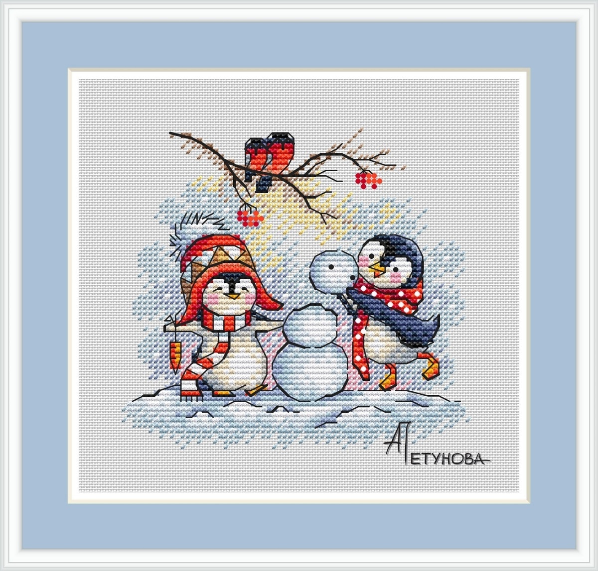 Penguins and Snowman Cross Stitch Pattern фото 1