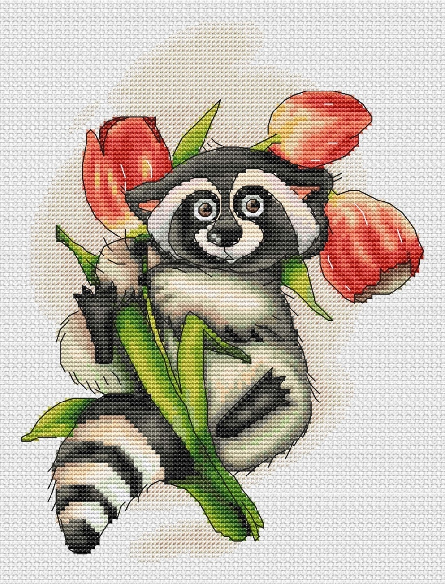 Raccoon with Tulips Cross Stitch Pattern фото 4