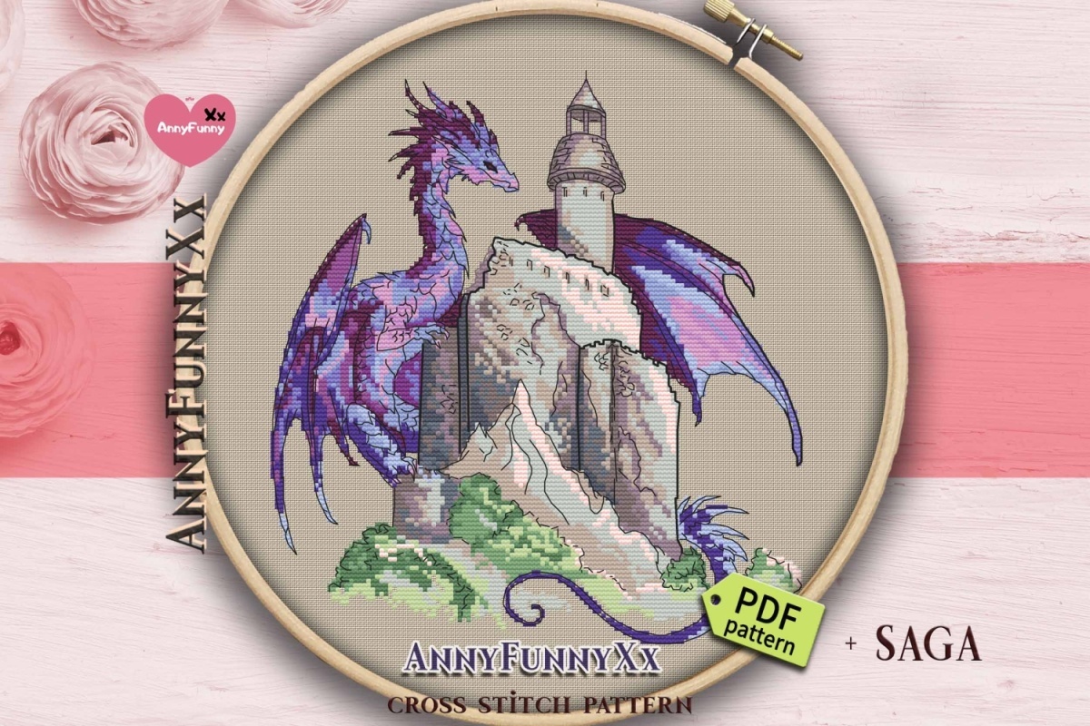 Purple Dragon with Castle Cross Stitch Pattern фото 11