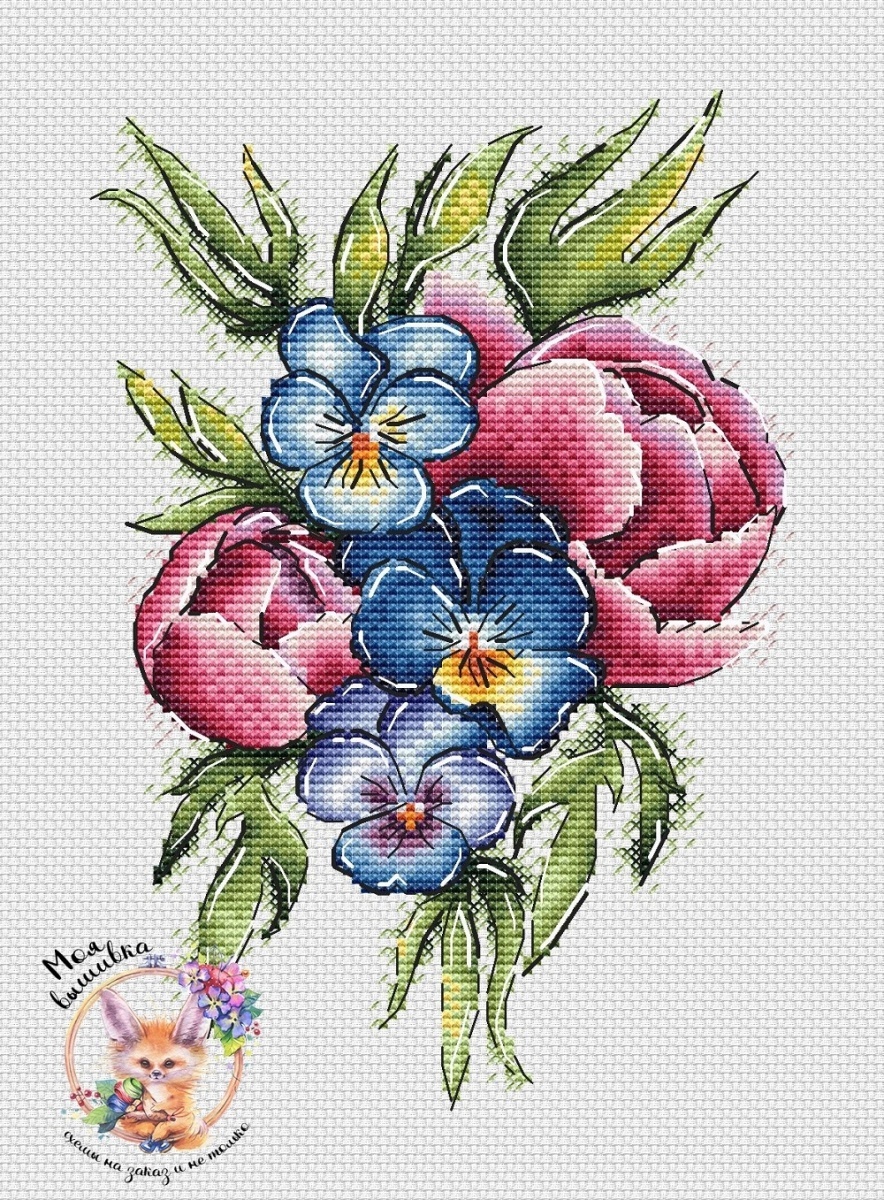 Pansies and Peonies Cross Stitch Pattern фото 1