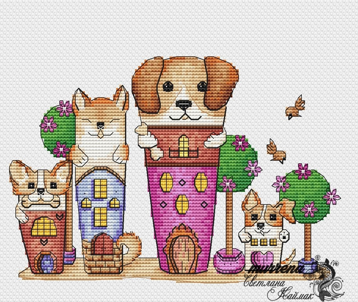 Doghouses Cross Stitch Pattern фото 1