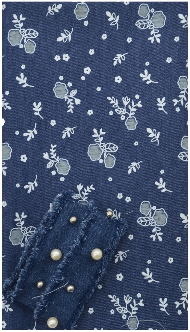 Navy with Flowers Denim Patchwork Fabric with Braid 29391 фото 1