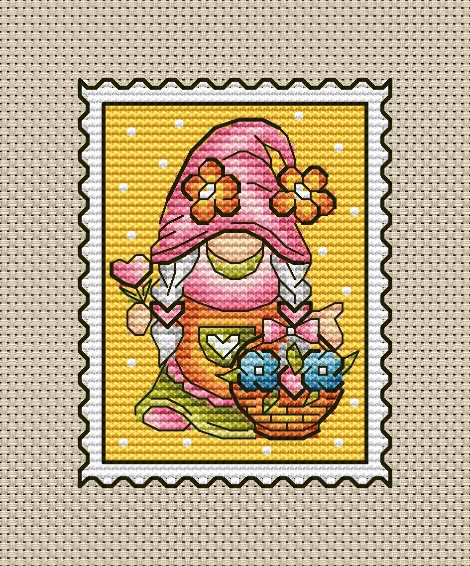 Spring Gnome Postage Stamp Cross Stitch Pattern фото 1