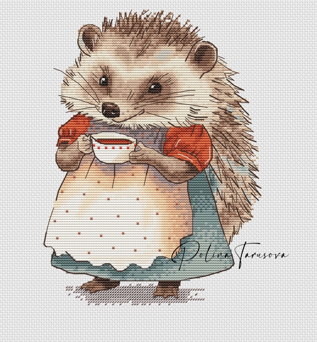 Vintage Hedgehog with Tea Cross Stitch Pattern фото 1