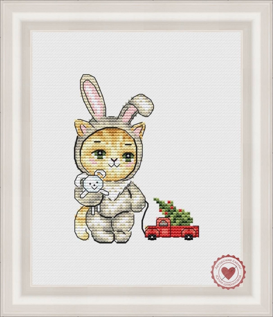 Kittens on the Christmas Tree. Bunny with Car Cross Stitch Pattern фото 1