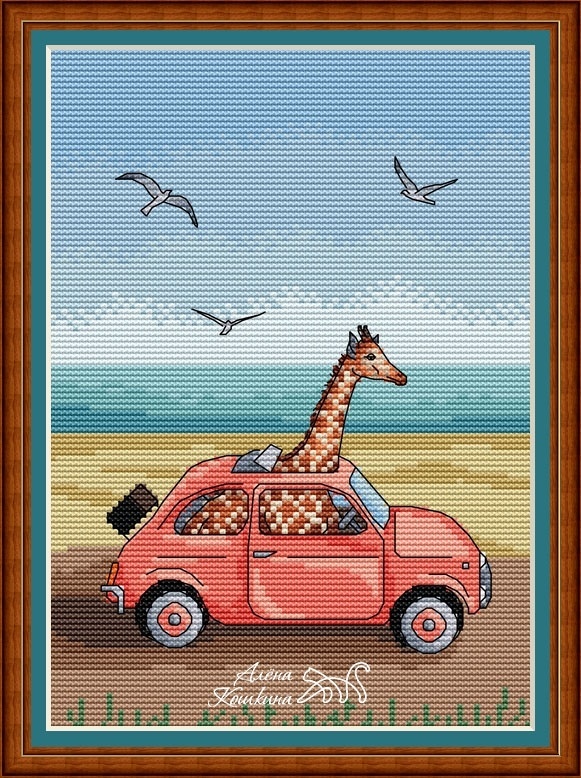 Giraffe in Car Cross Stitch Pattern фото 1