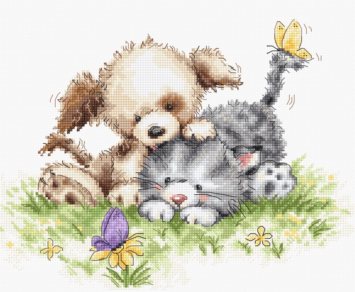 Dog and Cat with Butterfly Cross Stitch Kit фото 1