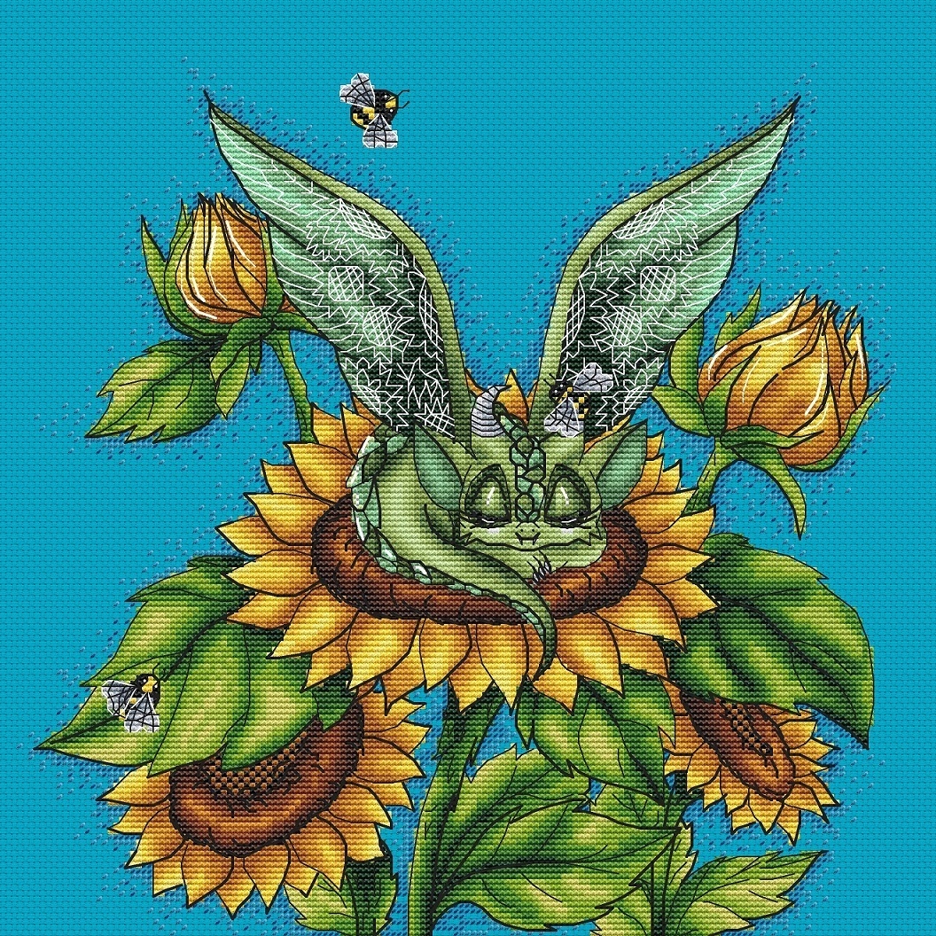 Dragon on Sunflowers Cross Stitch Pattern фото 1