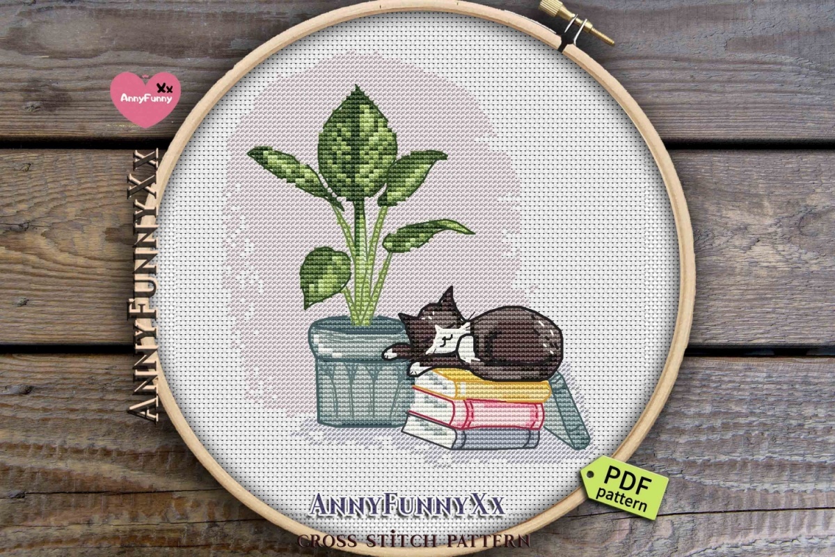 Sleeping Cat with a Plant Cross Stitch Pattern фото 10
