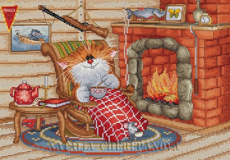 Cat by the Fireplace Cross Stitch Pattern фото 1