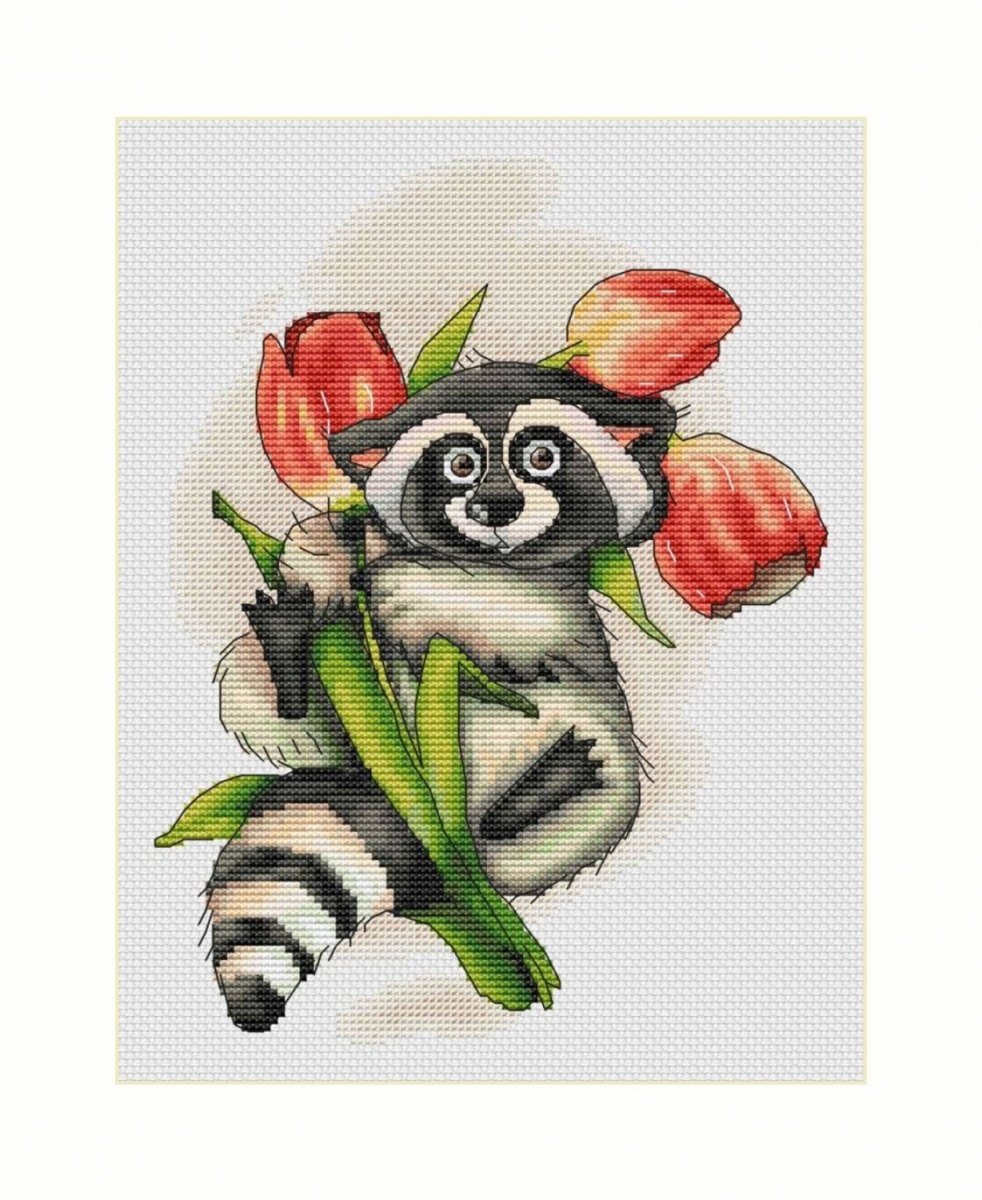 Raccoon with Tulips Cross Stitch Pattern фото 1