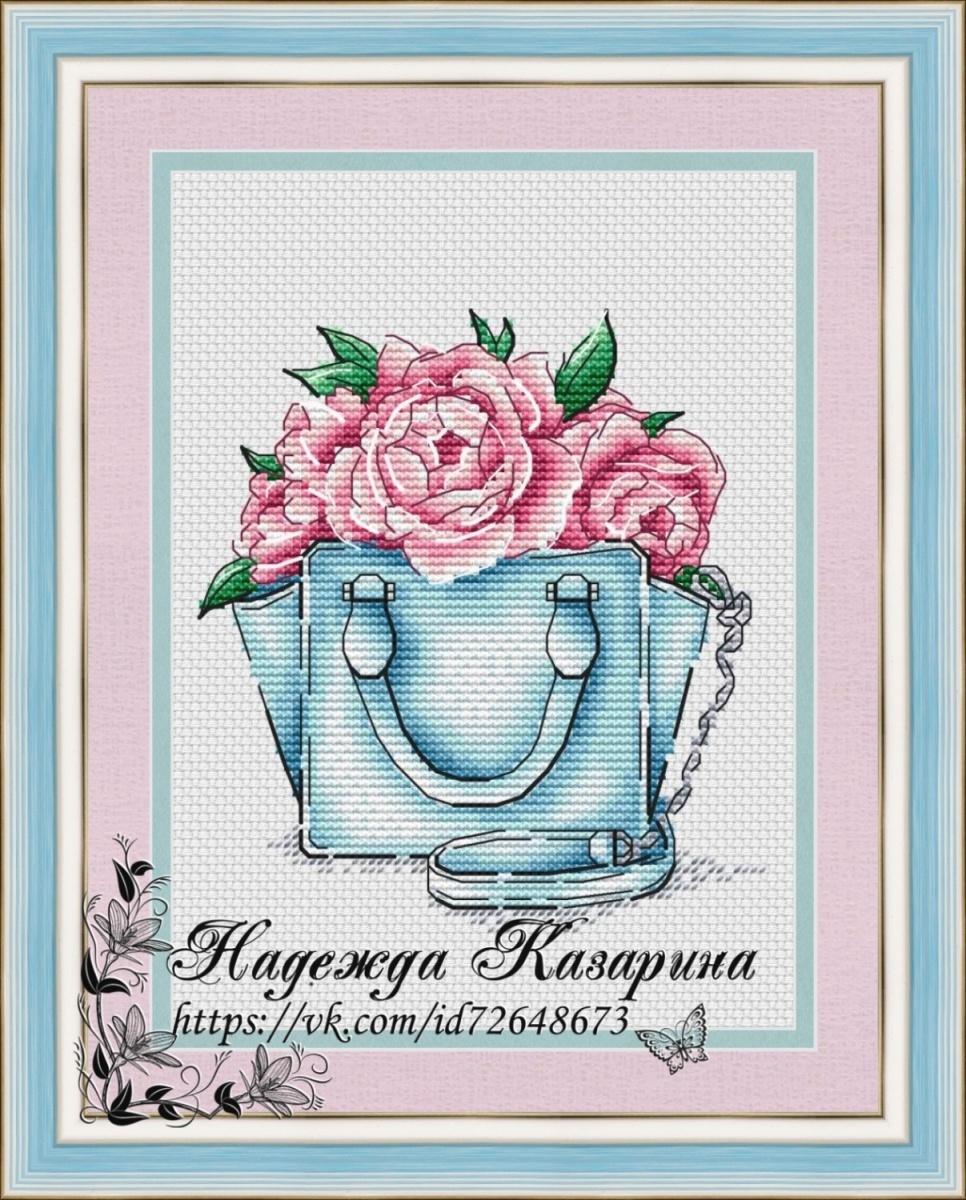 Handbag with Peonies Cross Stitch Pattern фото 1