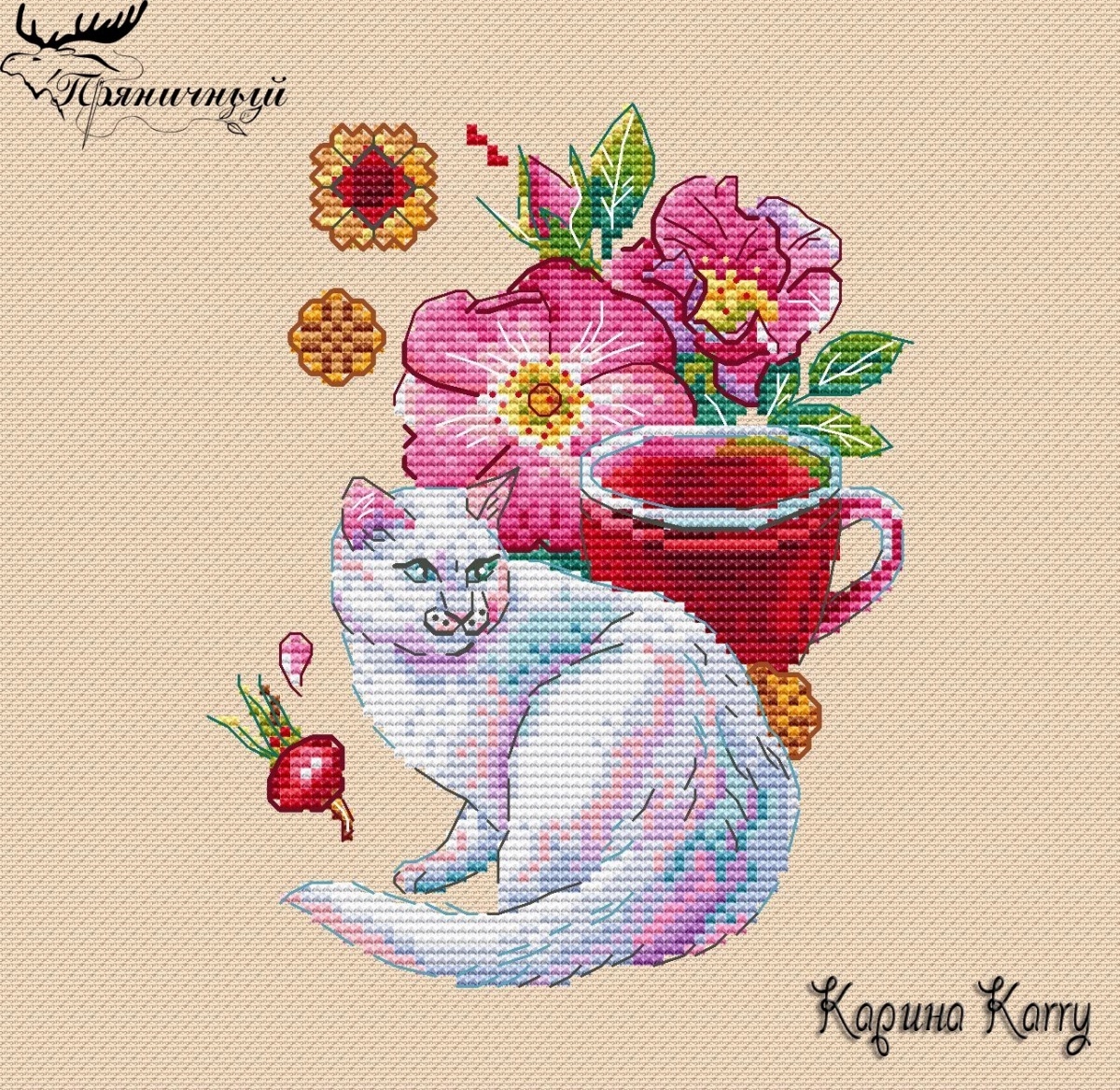 White Cat and Rosehip Cross Stitch Pattern фото 1