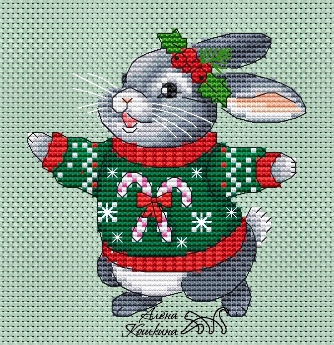 Bunny in a Christmas Sweater Cross Stitch Pattern фото 1