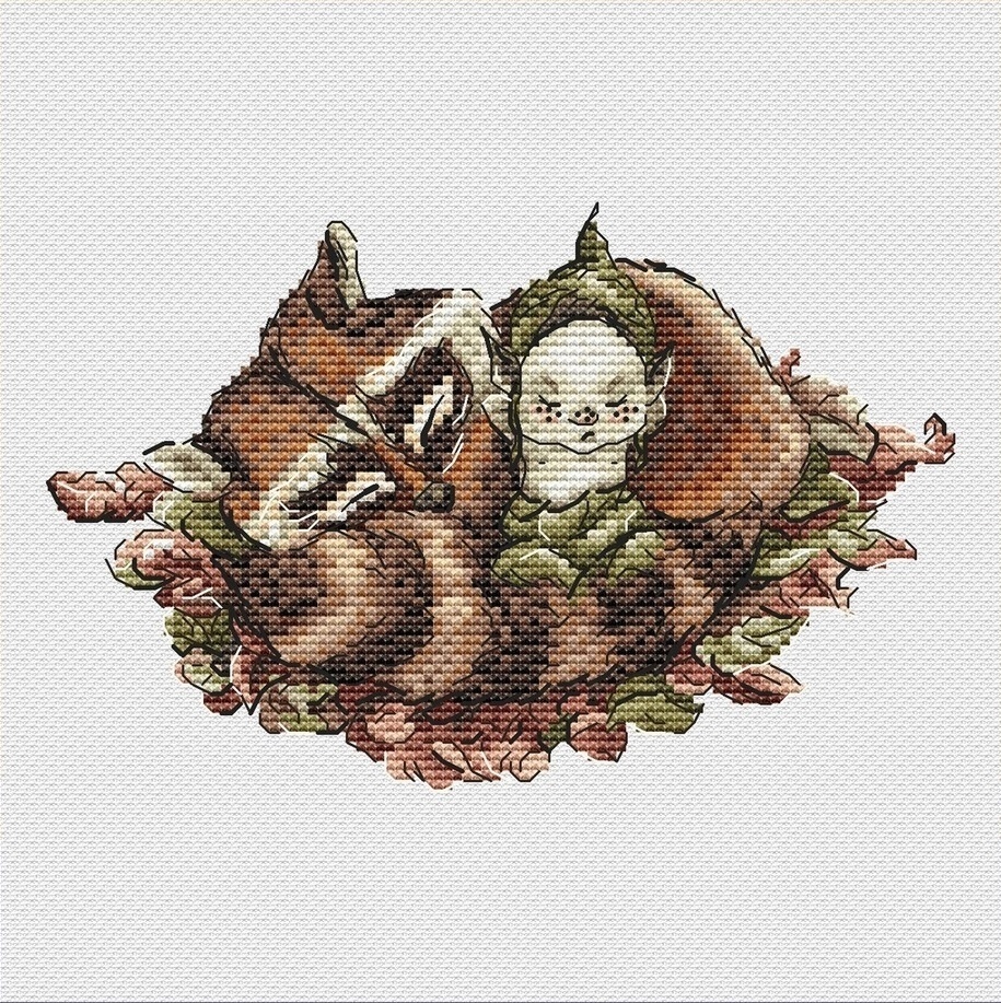 Racoon and Elf Cross Stitch Pattern фото 1