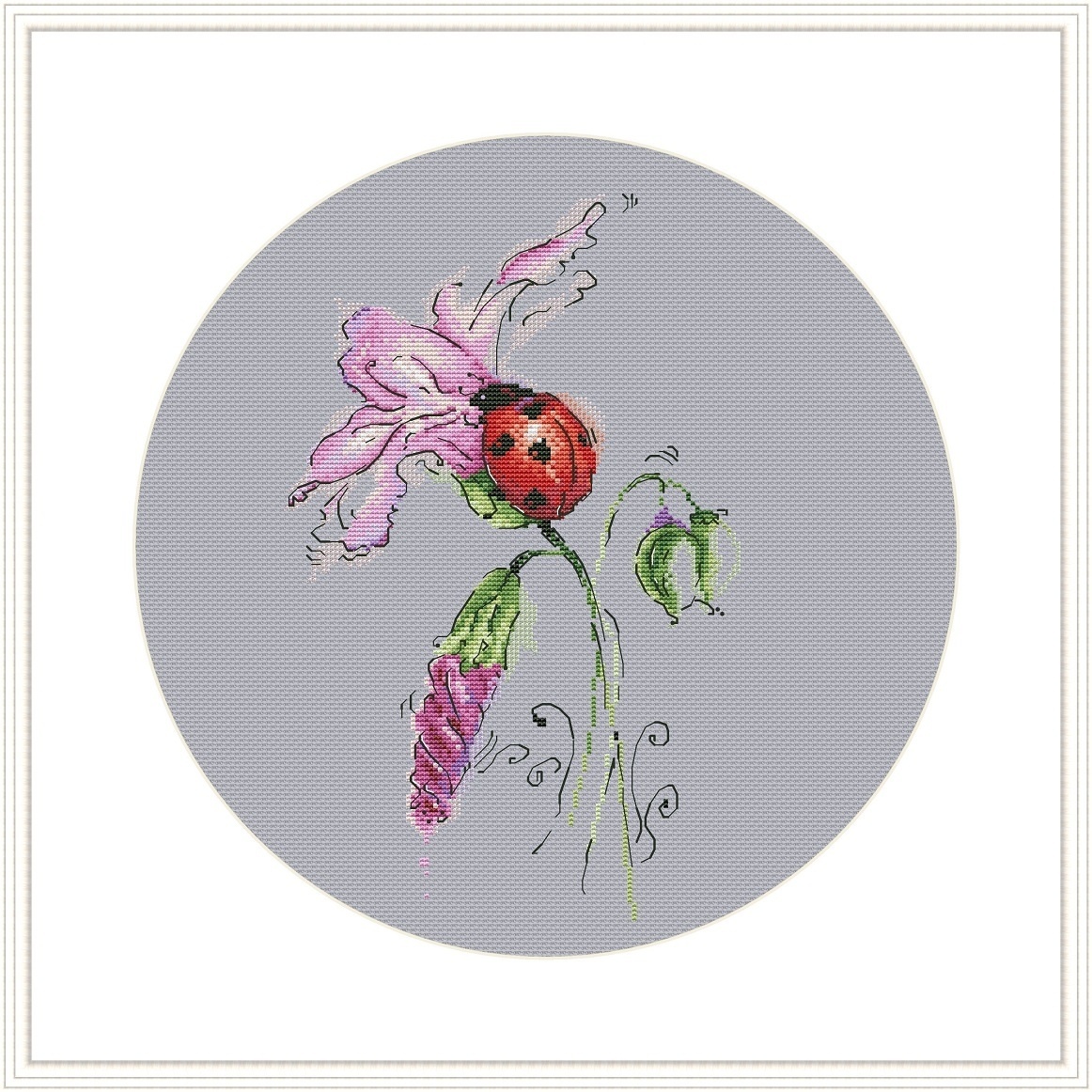 Ladybug and Pink Bindweed Cross Stitch Pattern фото 2