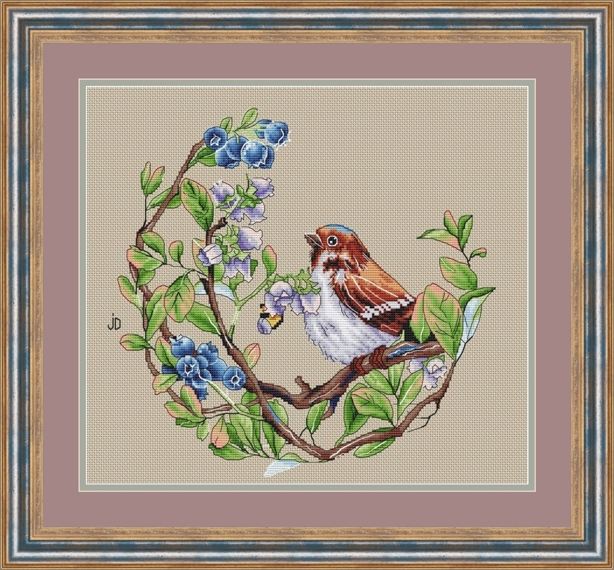 Blueberry and Bird Cross Stitch Pattern фото 1