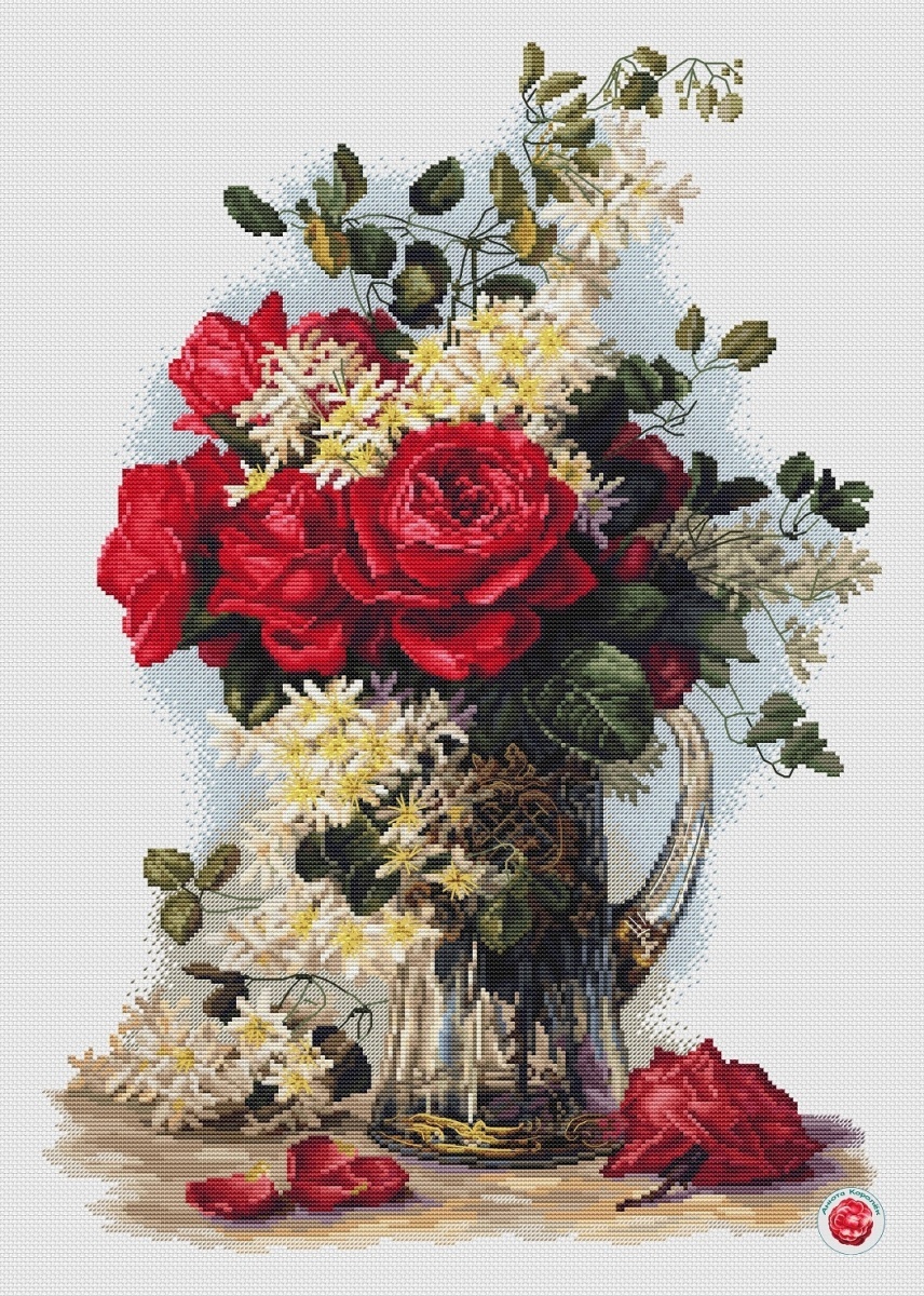 Bouquet with Red Roses and Clematis Cross Stitch Pattern фото 1