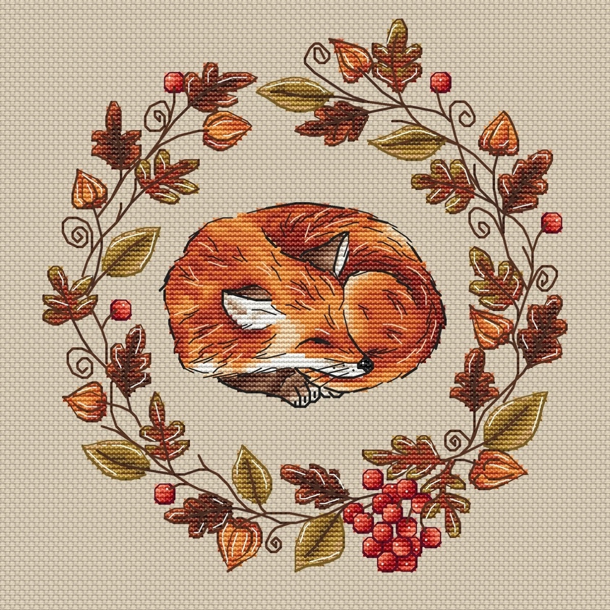 Fox in the Autumn Wreath Cross Stitch Pattern фото 1