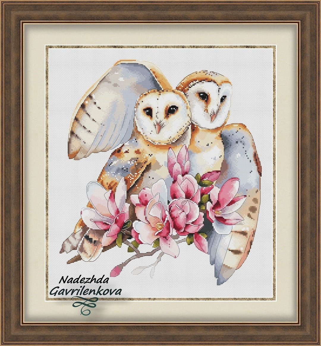 Owls and Magnolias Cross Stitch Pattern фото 1
