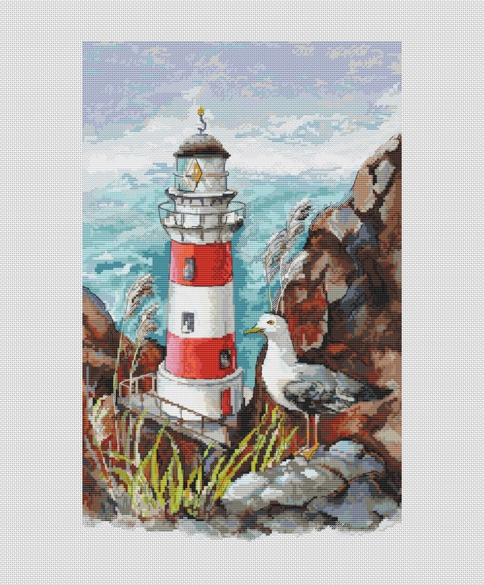 Lighthouse and Seagull Cross Stitch Pattern фото 1