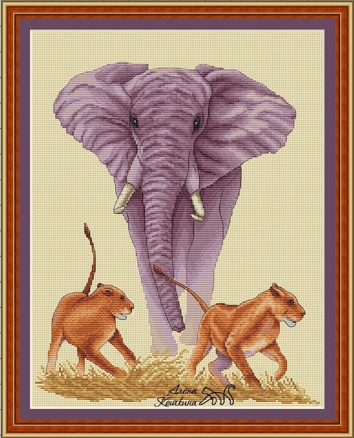Elephant and Lions Cross Stitch Pattern фото 1