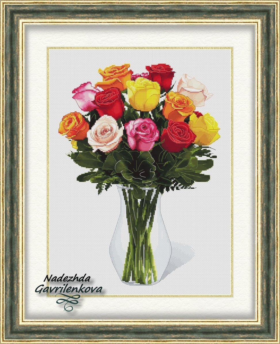 Roses in Vase Cross Stitch Pattern фото 1