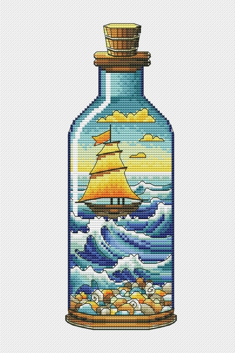 Seascape. Ship in a Bottle Cross Stitch Pattern фото 1
