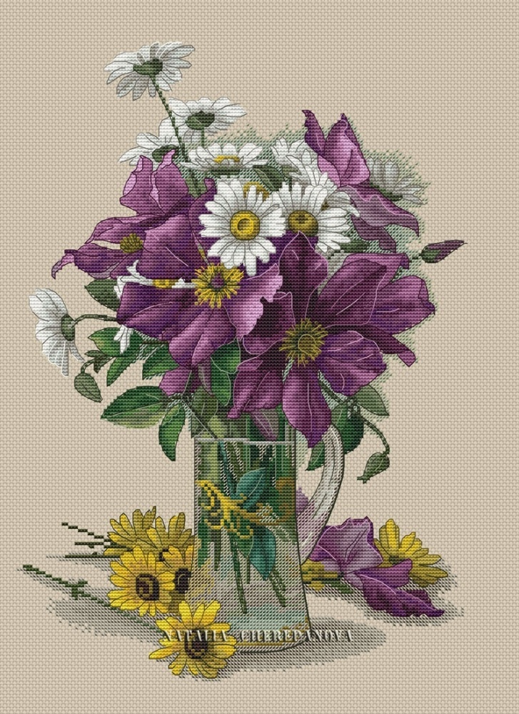 Purple Clematis And White Daisies Cross Stitch Pattern - 