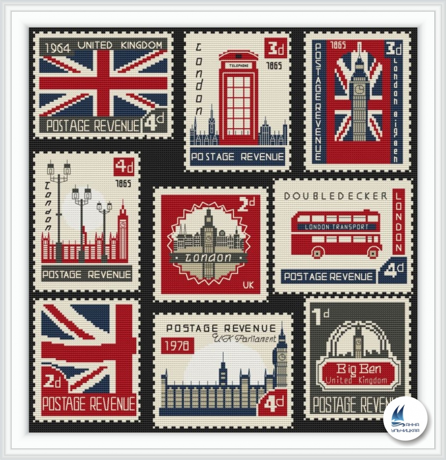 British Postage Stamps Cross Stitch Pattern, code AU-089 Anna