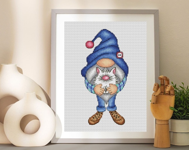 Gnome With Cat Cross Stitch Pattern, Code Kpx-156 Kspatternsxstitch 